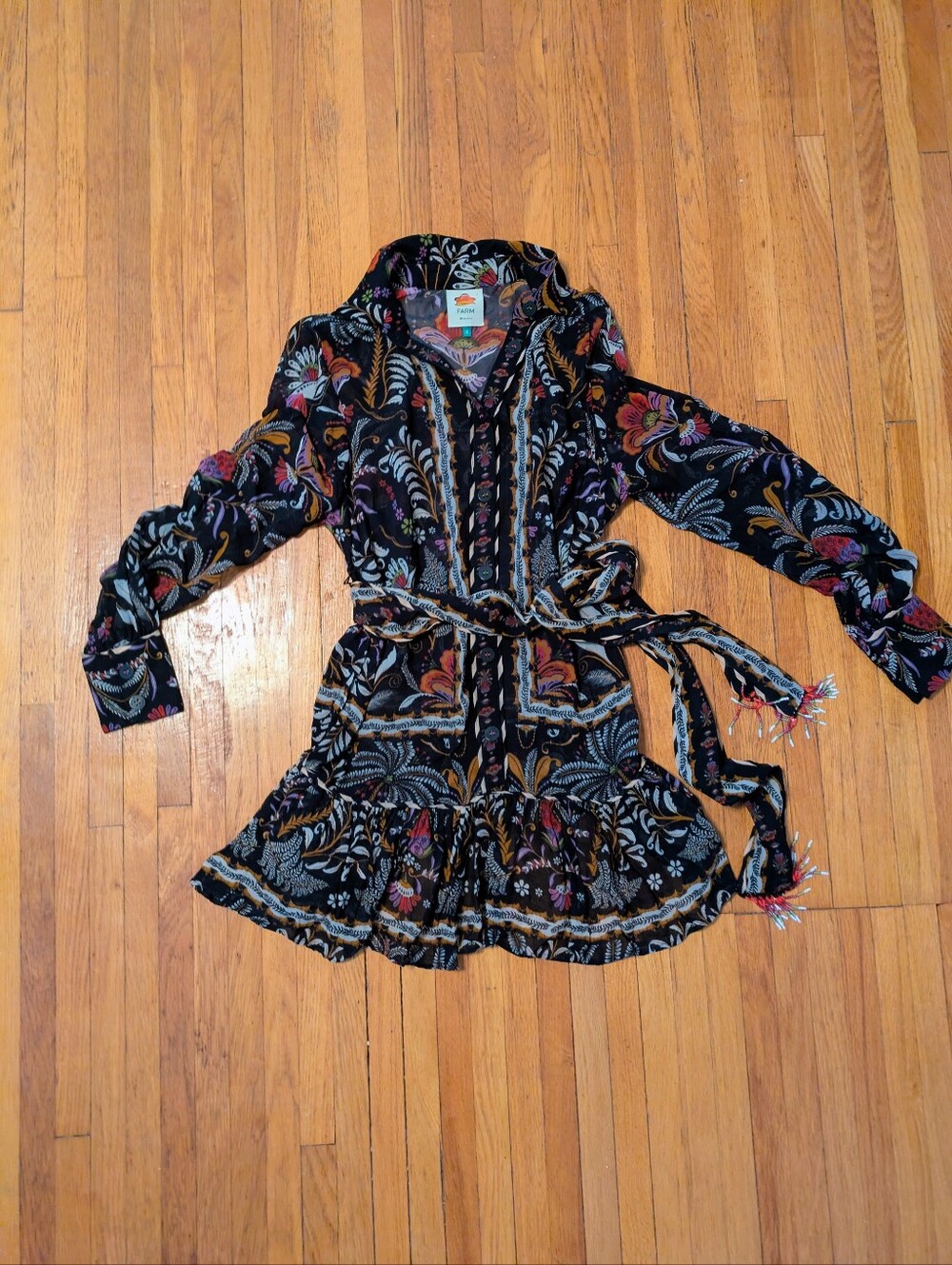 Farm Rio black classic Garden long sleeve mini Dress shirt boho Size Small